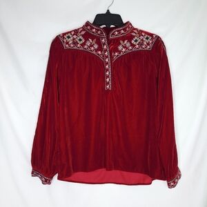 ZARA Women's Velvet Embroidered Long Sleeve Blouse SMALL